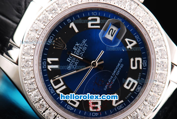 Rolex Datejust Oyster Perpetual Automatic Movement Blue Dial with White Numeral Marker and Diamond Bezel-Black Leather Strap - Click Image to Close